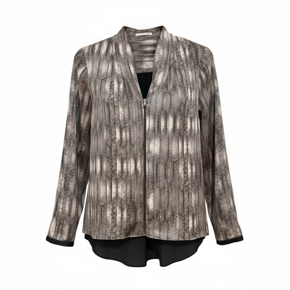 T Tahari Gray Black Python Animal Print Pleated Full Zip Jacket Blouse